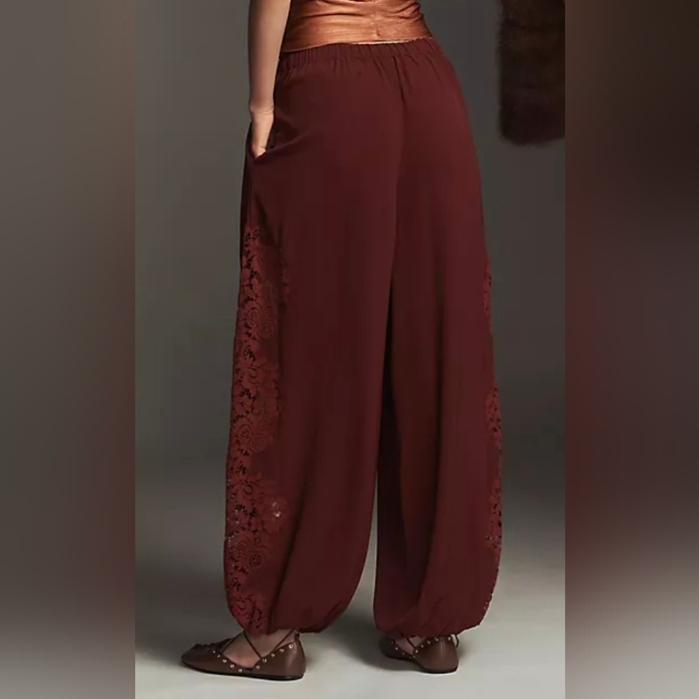 Anthropologie Dark Red Lace-Panel Balloon Pants - Picture 3 of 6